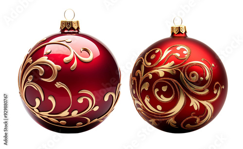 Elegant red Christmas ornaments with intricate gold designs, perfect for festive decorations and holiday celebrations.