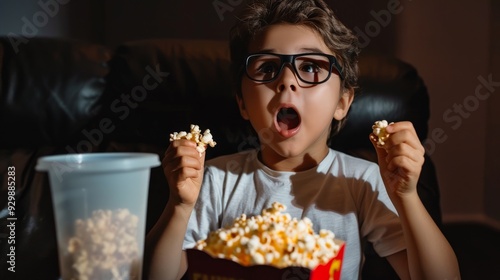 A young boy sits on a couch, wearing glasses and a white shirt, amazed while holding popcorn and watching a movie