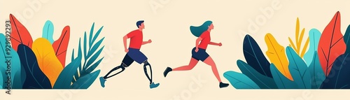 disabled runners navigate a colorful landscape, showcasing determination and freedom in a vibrant, stylized illustration.