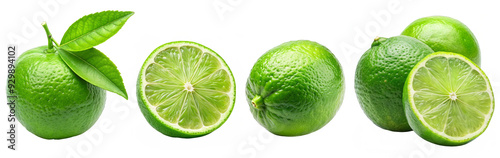 Group of Whole and Sliced Green Limes with Leaves on Transparent Background