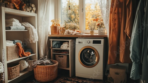 Modern Laundry Room with White Washer and Rustic Baskets.