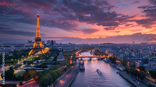 The Tower and cityscape at sunset, with the Seine River flowing through the city.