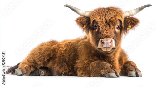 An isolated, transparent png file of a Scottish highland cow lying down