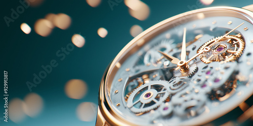  Closeup of luxury watch movement with intricate gears and jewels on blue background, showcasing precision engineering and craftsmanship for horology enthusiasts or timepiece collectors