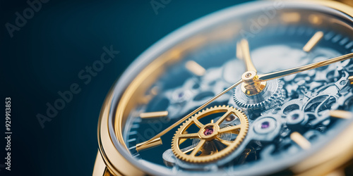  Closeup of luxury watch movement with intricate gears and jewels on blue background, showcasing precision engineering and craftsmanship for horology enthusiasts or timepiece collectors