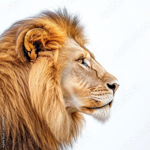 A side view of a lion's head isolated on a white background