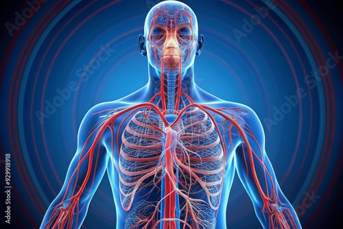 A man's body is shown in a blue and red color scheme, with the veins