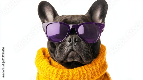 Sunglasses worn by a French bulldog on a white background