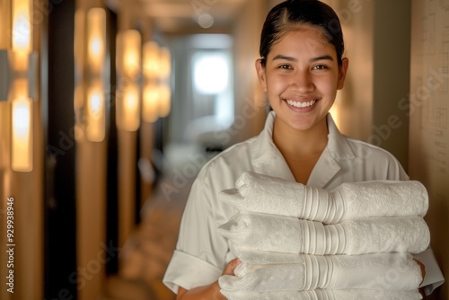 A smiling woman carrying a stack of towels in a luxurious corridor, embodying efficient service and hospitality in an opulent, warmly lit environment.