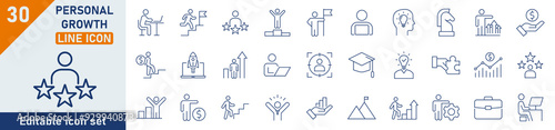 Personal Growth line icon set. Set of 30 outline icons related to success, career development, career growth, education and more. Linear icon collection. Personal Growth outline icons collection.