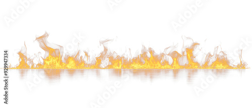 Real line of fire flames isolated on black background. Mockup on black of wall of fire.