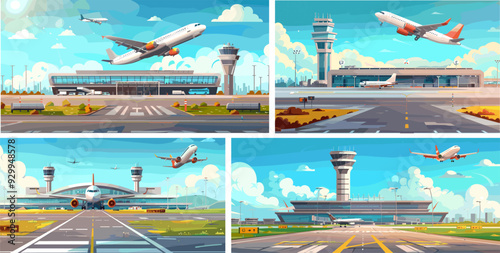 Soaring aircraft airport terminal cartoon vector concepts. Control tower runway structure landing departing passenger plane transportation routes scenes