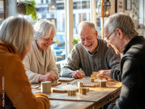 A group of older people are playing a board game together