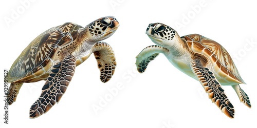 two sea turtles isolated on white transparent background