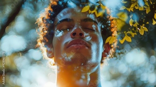 A sportsman practicing meditation, emphasizing calm and mental clarity (close up, meditation theme, surreal, double exposure, zen garden backdrop)