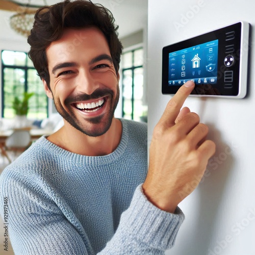 happy man using touch-screen thermostats