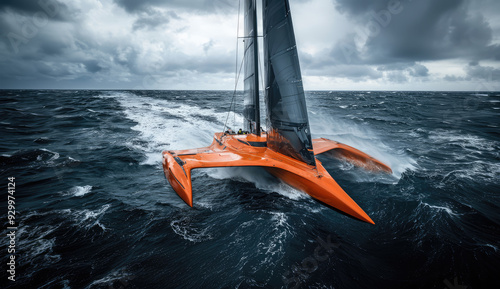 Orange trimaran sailing boat cutting through waves on open ocean