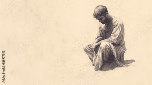 Biblical Illustration of Job’s Lament - Sitting in Dust, Overwhelmed by Sorrow, Beige Background