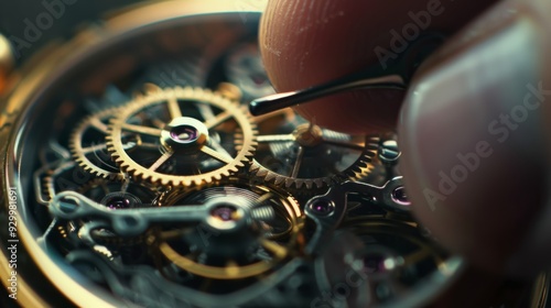 A macro shot of intricate watch gears and mechanisms being adjusted by delicate fingers, highlighting precision engineering.