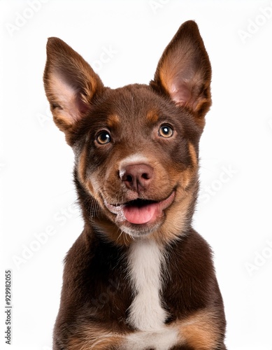 笑顔のオーストラリアン・ケルピーの子犬のポートレート（Portrait of a smiling Australian Kelpie puppy on white background） 