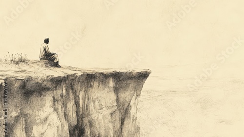 Biblical Illustration of Job’s Lament - Job Sitting at the Edge of a Cliff, Gazing Over a Barren Wasteland, Contemplating His Existence, Beige Background