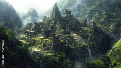 A colossal ancient city nestled deep within a mountain, with grandiose stone temples and halls that tell stories of a bygone era.