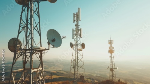 Tall communication towers rise against a vast landscape, symbolizing connectivity and technological advancement, with a backdrop of a clear sky.