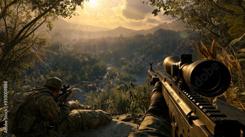 A first-person shooting game set in a mountainous landscape with a gun