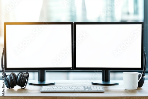 Two empty white gaming computer monitors with coffee cups and headsets on a desk. A place for your advertisement. Mock-up, 3D rendering of the concept.