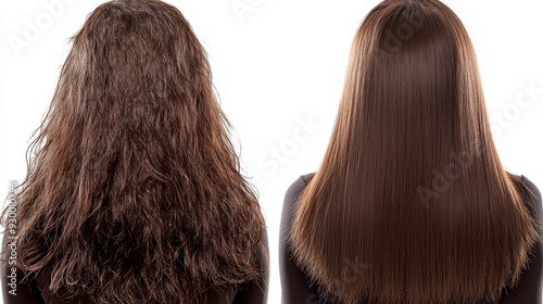 Compared before and after messy unhealthy hair and clean healthy hair on white background Issues with hair care seen from the back Dry ends and overbrushing are noticeable Concept of beauty care