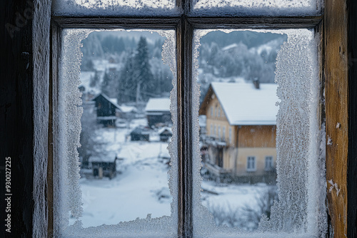 Quaint Snowy Village Seen Through a Frosted Window Pane