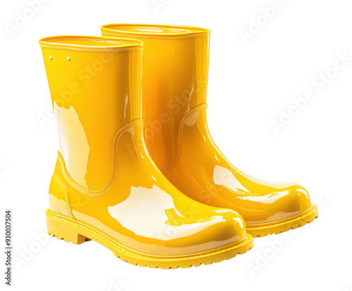 Pair of bright yellow rain boots isolated on white. PNG transparent.