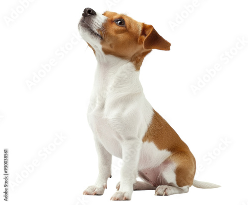 Small dog sitting and looking up isolated on white. PNG transparent.