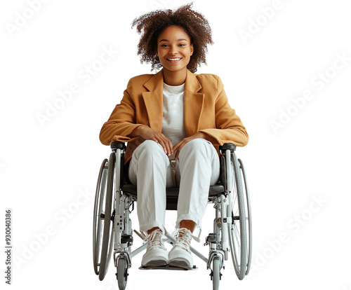 Smiling woman in wheelchair wearing stylish clothes isolated on white background. PNG transparent.