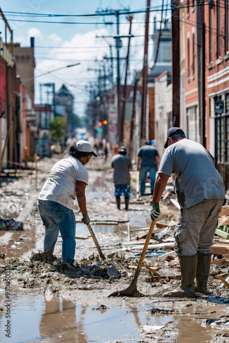 vertical image of Volunteers cleaning muddy streets after flood in urban areas