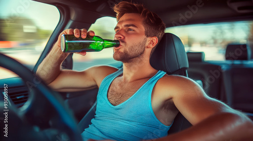 Man drinking beer while driving car, dangerous behavior, irresponsible actions.