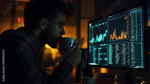 Individual holding a cup of coffee, staring at a computer screen filled with financial graphs and figures, dim room with a glowing monitor, tense and worried expression, introspective and serious