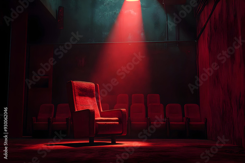 A solitary red chair illuminated by dramatic lighting in an empty theater, evoking feelings of suspense and isolation.