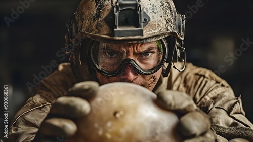 Explosive Ordnance Disposal Technician Carefully Disarming Dangerous Bomb with Focused Facial Expression