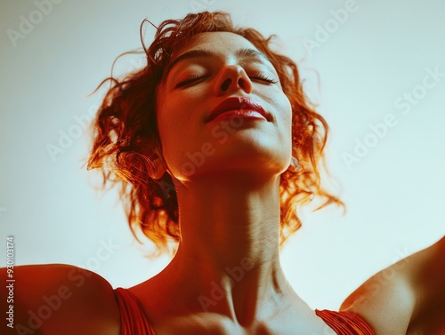 Mystical Portrait: Eyes Closed, Red Hair, Abstract Background