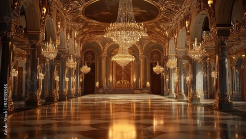 A grand golden hall with chandeliers and a polished floor.