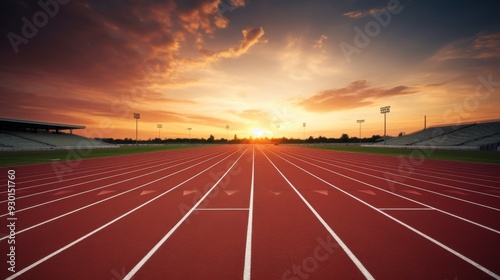 Pristine running track with smooth surface, empty athletic field ready for track and field events, professional sports venue highlighting perfectly maintained race lanes for competitive runners and tr