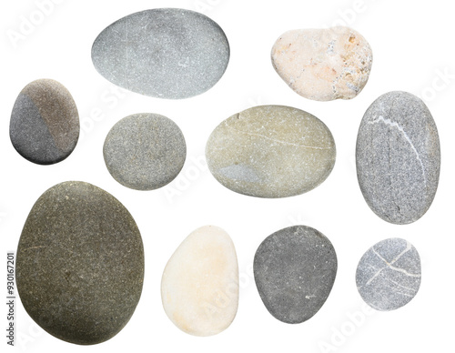 Set of Various flat sea pebble stones isolated isolated on a transparent background.