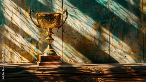 majestic golden trophy on weathered wooden table dramatic lighting casting long shadows atmosphere of triumph and accomplishment