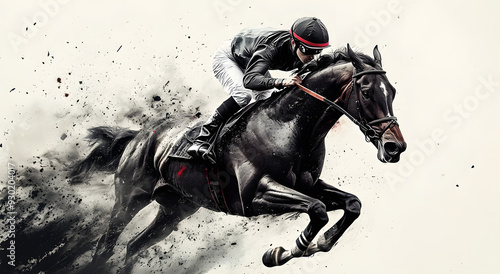 "A Racehorse with a Jockey in Motion Against a Windy Background, Featuring a Black and White Color Scheme, Capturing the Excitement and Speed of Horse Racing" 