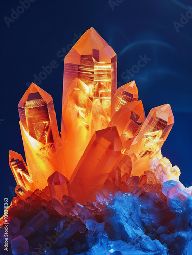 Crystals, rock crystal. Quartz. Stones, precious stones, gemstones, diamonds. Magic and esoteric stones, treasures. Glare, flicker. Orange and yellow bright crystals. Blue background.