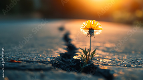 flower growing on crack street, hope concept, Never give up! Symbol for many things in life: Persistence, determination, survival, hope, resilience, strength, winning, force of nature.