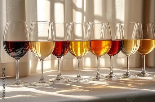 Wine glasses with different types of wines, arranged on a white surface, casting shadows from a high angle view, in a bright and airy style