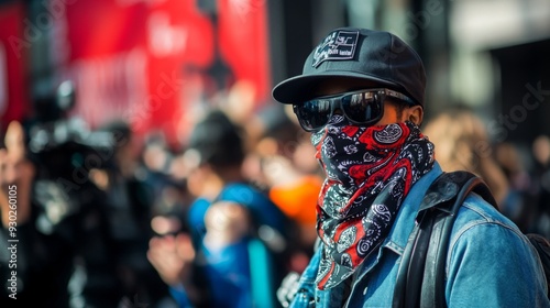 A person wearing sunglasses and a bandana stands in a bustling city crowd, surrounded by media personnel and onlookers.