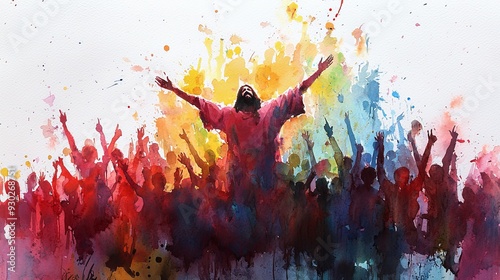 Jesus' triumphant entry into Jerusalem, vibrant watercolor with joyful crowds, Jesus entry, celebration and prophecy fulfillment